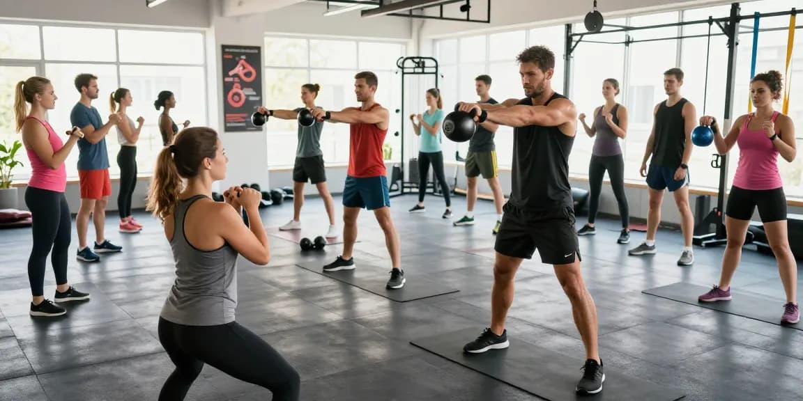Aktive Gruppe im Selliza Pharma Shop Fitnessstudio, die gemeinsame Übungen macht und Gesundheit fördert.